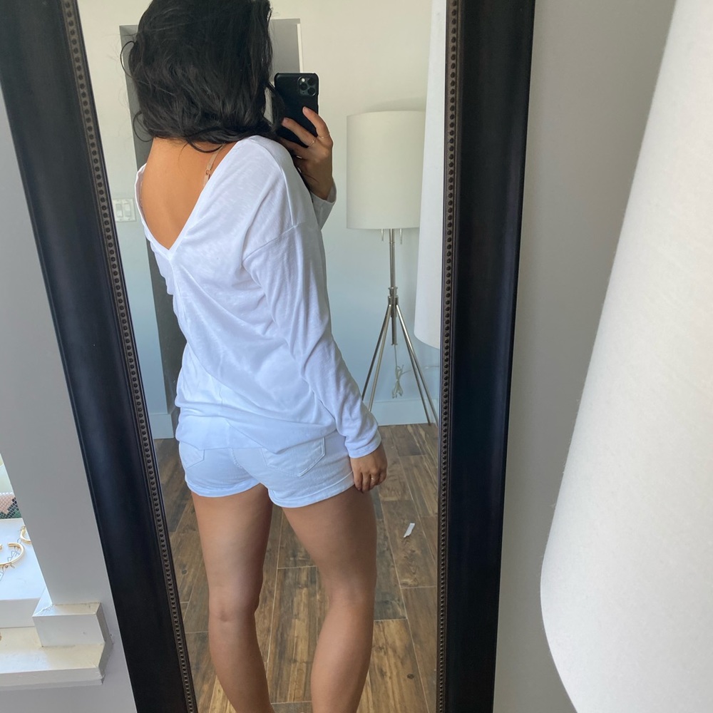 Thin Knit Open Low Back Long Basic White Shirt - image 2